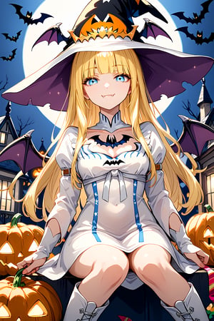 score_9, score_8_up, score_7_up, 1girl,, halloween dress, bat wings, multiple bat, white bat ears, white boots, floating, sitting on pumpkin, from below, looking at viewer, smug, closed mouth, outdoors, night, fangs, glitter eyes, (Halloween party:1.4), (Halloween decoration:1.4),Calca,Calca Bessarez,blonde hair,(extremely long hair:1.3), orange tiara,white witch dress, light blue eyes,medium chest,blunt bangs