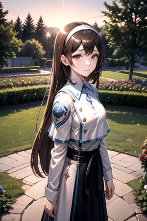 //Quality,
masterpiece, best quality
,//Character,
1girl, solo
,//Fashion,
,//Background,
night, Rose garden
,//Others,
 blue roses, 1girl, ,Kelart, extremely long hair, brown hair, white hairband, brown eyes, medium chest, black sleeve, white outfit, black long skirt