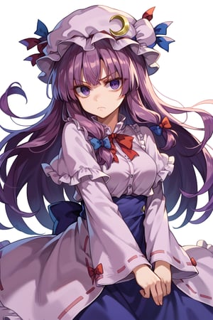  score_9, score_8_up, score_7_up, score_6_up, source_anime, ((masterpiece)), ultra-detailed, best quality, 8k, high resolution, high detailed eyes, attractive eyes, serious face, extremely detailed face, extremely detailed eyes, dynamic pose, 1girl, solo, patchouli_knowledge, long hair, straight hair, purple eyes, purple hair, pale purple dress, pale purple hat, ribbons