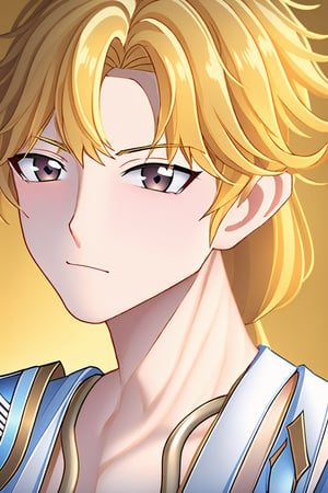 (masterpiece, top quality, best quality, official art), , extreme detailed,(abstract, fractal art:1.3), highest detailed, detailed_eyes, ,Hyouka,1male,solo,blonde hair,brown eyes,one-sided braid,very long hair,one shoulder armor, 25 years old, handsome, serious face