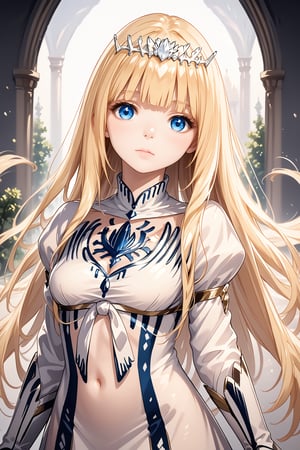 Extreme detailed, Realistic,score_9, score_8_up, 
official art, extremely detailed, extremely realistic, Nordic beautiful girl,beautifully eyes, detailed fine nose, detailed fingers,beautiful smooth hair, high quality, beautiful, ,Realistic Eyes, 1girl, solo, Calca, Calca Bessarez, blonde hair, (extremely long hair:1.3), very long hair, white tiara, white dress, blue eyes, medium chest, extremely long hair