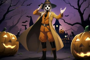 (masterpiece), (best quality), 8k illustration, , 
, 1male, solo, , Neutral mask, face man, four fingers, dark eyes, orange hat, orange trench coat, orange German soldier uniform, black necktie, orrange boots, pandora's actor, open mouth, black mouth, Pandora's Actor, salute pose,  (Halloween party:1.4), (Halloween decoration:1.4), pumpkin, bat, death tree, grave yard, outdoor, Horror atmosphere,, masterpiece, best quality, outdoor, graveyard, tomb, night time, full of ghost, surrounded by ghost