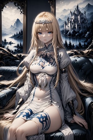 Beautiful girl. She is very badass,  detailed image, detailed skin. close-up, sitting, luxurious room in background.,Ink art, 1girl, solo, Calca, Calca Bessarez, blonde hair, (extremely long hair:1.3), very long hair, white tiara, white dress, blue eyes,extremely long hair