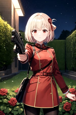 //Quality,
masterpiece, best quality
,//Character,
1girl, solo
,//Fashion,
,//Background,
night, Rose garden
,//Others,
 , 1girl,,, red uniform, short hair, light blonde hair, red eyes, red ribbon on her head,  using gun,,nishikigi chisato,bangs