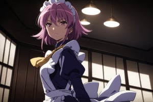 masterpiece, best quality, very aesthetic, absurdres, official art, 

closed mouth, cowboy shot, looking at viewer, simple background, 
cinematic shadow, cinematic lighting, ,1girl, dark purple maid dress, white apron, white maid headband, yellow double necktie, puffy sleeve, long sleeve, dark pink hair, sidelock, short hair, dark pink eyes, 25 year olds, indoor, in luxurious living room, perfect light, window