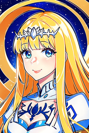 looking at the viewer, bangs, upper body, , Cosmic starry background, Smile, 1girl, solo, Calca, Calca Bessarez, blonde hair, (extremely long hair:1.3), very long hair, white tiara, white dress, blue eyes, medium chest, slim body