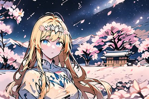 masterpiece, panorama,beautiful detailed eyes, midnight, (starry_sky:1.3), beautiful detailed mountainside, (shrine:1.2), (sakura trees:1.2), (the breeze blows the petals:1.8)  1girl, solo, calca, blonde hair, medium chest, (extremely long hair:1.3), very long hair, extra long hair, white tiara, white dress, blue eyes,Calca Bessarez,Calca