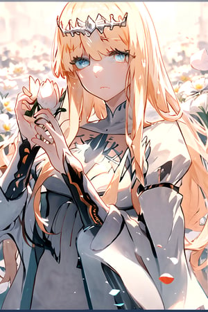  lying, petals, on the side, holding flower, sad, looking_at_viewer, ,1girl, solo, Calca, Calca Bessarez, blonde hair, (extremely long hair:1.3), very long hair, white tiara, white dress, blue eyes, medium chest