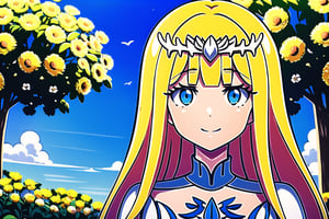 1girl, solo, looking at viewer, smile, ,, sitting, very long hair, closed mouth, , flower, , outdoors, sky, day,, cloud, , , , tree, blue sky, , nature, , yellow flower, Calca, Calca Bessarez, blonde hair, (extremely long hair:1.3), very long hair, white tiara, white dress, blue eyes, medium chest,1 girl,portrait