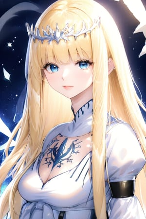  masterpiece quality, light particles, beautiful face, calm face, emo, looking at the viewer, upper body, Anime Style., highly detailed, 1girl, solo, Calca, Calca Bessarez, blonde hair, (extremely long hair:1.3), very long hair, white tiara, white dress, blue eyes,blunt bangs