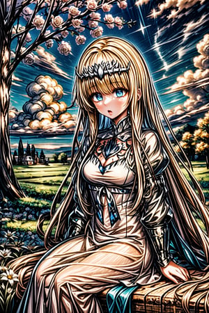 High quality, masterpiece, 1girl, shiny hair ,clouds and flowers, sitting under a tree and ,Illustration, 1girl, solo, Calca, Calca Bessarez, blonde hair, extremely long hair, very long hair, white tiara, white dress, blue eyes, medium chest,(extremely long hair:1.3)