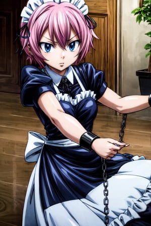 , anime girl, a nice dress, anime girl in a maid costume, clean detailed anime art, clean anime art, official art, ,1girl, maid dress, white apron,, pink hair, short hair, blue eyes, blue eyes, white maid headband, thick iron bracelets with very long chain, holding chain as a weapon