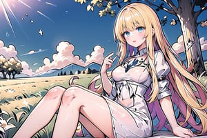 (masterpiece, best quality, highres:1.1), ultra resolution image, Colorful, (watercolor style:0.9),  sitting, cuddle, tree, wind,  love, dream, summer, air, 1girl, solo, Calca, Calca Bessarez, blonde hair, (extremely long hair1.3), very long hair, white tiara, white dress, blue eyes, medium chest