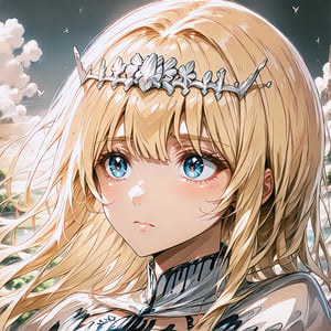 score_9, score_7_up, source_anime, BREAK blue sky, sad face, facing away, nias1
((((((face_forcus, close up, upper body, from side, look at vier))))))
beautiful_female_fingers, 1girl, solo, Calca, Calca Bessarez, blonde hair, (extremely long hair:1.3), very long hair, white tiara, white dress, blue eyes, medium chest, slim body