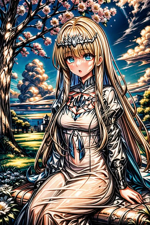 High quality, masterpiece, 1girl, shiny hair ,clouds and flowers, sitting under a tree and ,Illustration, 1girl, solo, Calca, Calca Bessarez, blonde hair, extremely long hair, very long hair, white tiara, white dress, blue eyes, medium chest,(extremely long hair:1.3)