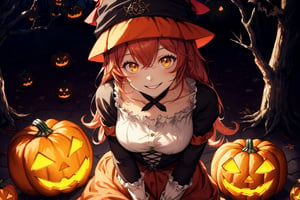 sitting, light smile, (Woman dressed in a spooky Halloween costume:1.3), (Halloween outfit:1.3) holding a carved pumpkin, surrounded by pumpkin, from above, skill decoration, skeleton decoration, Halloween accessories, 
lupusregina beta, evil grin, acrobatic pose, outdoors, dark forest, death trees, night time, BETA, masterpiece, best quality, high quality, highres, absurdres, 1girl, solo, orrange animal hat, anime coloring, maid, upper body, puffy short sleeves, orange headwear, collarbone, parody, official style, choker, alternate costume, bridal gauntlets, dress, shirt, ess,orange dress, frills, long sleeves, maid, orange maid headdress, puffy sleeves, looking at viewer, masterpiece, best quality, high resolution, orange theme 
