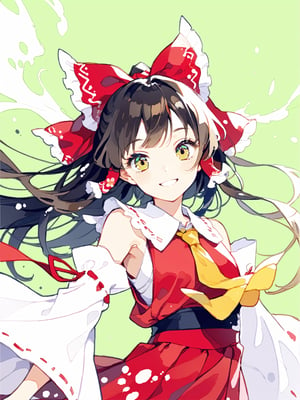 //quality
masterpiece, best quality, aesthetic, 
//Character
1girl, (beautiful eyes:1.0), big eyes, detailed eyes, long hair, big red ribbon, two side locks, 
(smile:1.3), yellow eyes, brown hair, Japanese cloth, detached sleeves, yellow tie, reimu, reimu hakurei

//Background 
(watercolor:0.5), green background, paint splash, ,hakurei reimu