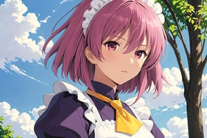 looking at viewer, ,  upper body, , ahoge, female focus, outdoors, ,1girl, solo, dark purple maid dress, white apron, white maid headband, yellow double necktie, puffy sleeve, long sleeve, dark pink hair, (sidelock:1.3), short hair, dark pink eyes,, mature female, 25 years olds