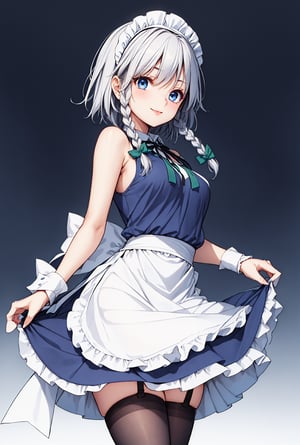 masterpiece, best quality, highres ,narrow_waist, thighs, perfect face, flirty, charming, perfect light.

boichi anime style.,,  smile, perfect eyes, seductive eyes, seductive smile, seductive pose, looking at the viewer, sexy poses',1girl,,izayoi_sakuya_touhou, silver hair, maid dress, white apron, very short skirt, sexy pose, sleeveless outfit, detailed face, detailed eyes, fresh blue eyes, big green ribbons, blue outfit, small-to-medium breasts, white maid headband.