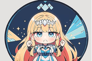 cute, Stained glass background, chibi girl, running up to viewer, look at viewer, dynamic angle,  1girl, solo, Calca, Calca Bessarez, blonde hair, (extremely long hair:1.3), very long hair, white tiara, white dress, blue eyes,