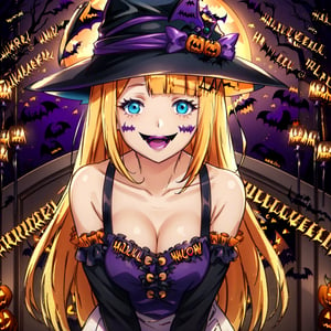 masterpiece,best quality,1girl, ,smile, Halloween kitchen, looking at viewer, smile,, 1girl, solo, orange maid dress, , long hair, blonde hair, blue eyes, tuare, tuareninya,, (Halloween party:1.4), (Halloween decoration:1.4), preparing Halloween food 