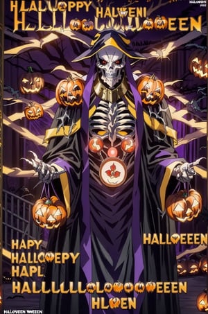 magazine cover high quality, (Beautiful), ((masterpiece)), vibrant colors, AinzRobes, skeleton, solo,skull, hood, 1boy, orange cloak, orange staff, male focus, robe, holding, standing, bone, looking at viewer, gem, hood up,rings,white long sleeves, orange cape, glowing_red_eyes, orb, orangeeyes, flaming eye, looking at viewer, orange eyes, 
upper body, close up, face, front view,magazine cover,  (Halloween party:1.4), (Halloween decoration:1.4), pumpkin, bat, death tree, grave yard, outdoor, Horror atmosphere, Halloween poster