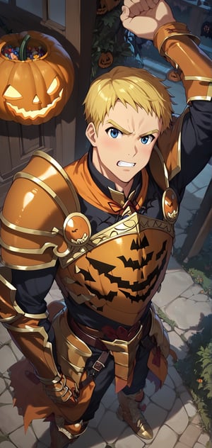 Climb, score_9, score_8_up, score_7_up,, masterpiece, best quality, best aesthetic, 1boy, ((solo)), male focus, blonde hair, blue eyes, short-hair, Halloween armor, orange gauntlets, pumpkins shoulder armor, Spooky breastplate, orange armored boots, d, clenched fists, arm up, outdoors,  from above,  (Halloween party:1.4), (Halloween decoration:1.4),