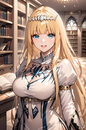 score_9, score_8_up, score_7_up, source_anime, 

,looking at the viewer, blush, smile, open mouth, bangs, indoors, book, chair, desk, open book, bookshelf, in the very luxurious library, the royal library, very gigantic library, 1girl, solo, Calca, Calca Bessarez, blonde hair, (extremely long hair:1.3), very long hair, white tiara, white dress, blue eyes, blunt bangs, mature female, 25 years old, perfect anatomy, slim body, upper body