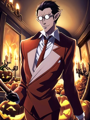 (((masterpiece))),best quality, illustration,(detailed male), (Hallloween party:1.4), pumpkins, surrounded by pumpkins, detailed lighting, detailed fire, haunted house, cancel light, horror atmosphere, (detailed eyes), expressionless,,demiurge, orange suit, orange trouser, Orange Necktie, Silver Round Glasses, short hair, pointy ears, black hair, Diamond Eyes, long metal tail, black gloves, demiurge, (Halloween outfit:1.4), villain, bat