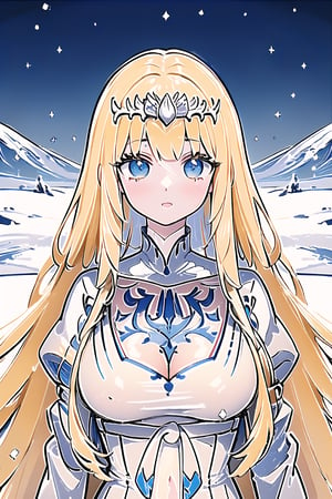 (masterpiece, best quality, highres:1.1), ultra-resolution image,, fantasy, snow, ancient city,,,1girl, solo, Calca, Calca Bessarez, blonde hair, (extremely long hair:1.3), very long hair, white tiara, white dress, blue eyes, medium chest, 