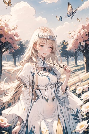 looking at the audience, smiling, long and dense eyelashes (very bright and crystal clear), holding, flowers, pink peony flowers, bugs, butterflies, Blue flowers, yellow butterflies, white flowers, black chrysanthemums, , 1girl, solo, Calca, Calca Bessarez, blonde hair, (extremely long hair:1.3), very long hair, white tiara, white dress, blue eyes, medium chest, bangs, blunt bangs