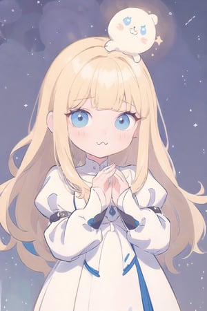 (cute illustration:1.4),(fuwafuwa illustration:1.3),masterpiece, 1girl, blonde hair,（Holding glowing stars in both hands：1.6）,better_hands, calca, extremely long hair, white dress, blue_eyes, long_sleeves, cute, child, adorable