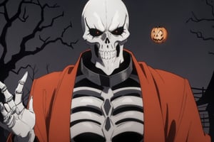  Halloween costume, (haunted house, Halloween decorate  , death tree), High quality, , (Beautiful), ((masterpiece)), vibrant colors, skeleton, solo, 1boy, male focus, bone, ribs, full body, orange orb, raising your hand with a pumpkin, tall body,  (Halloween party:1.4), (Halloween decoration:1.4), pumpkin, bat, death tree, graveyard, outdoor, Horror atmosphere, Halloween wallpaper, upper body