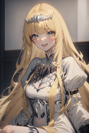 newest, anime coloring, masterpiece, best quality, best aestethic, absurdres, light smile, :D, looking at viewer, sitting,  1girl, solo, Calca, Calca Bessarez, blonde hair, (extremely long hair:1.3), very long hair, white tiara, close up,extremely long hair