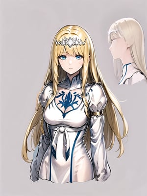 //Quality,
masterpiece, best quality
,//Character,
1girl, solo
,//Fashion,
,//Others,
Calca, blonde hair, long hair, white tiara, white dress, blue eyes, character sheet, mono color background