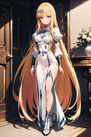 full body, blunt bangs, alone,,ultra detailed, 4k, 4K, high quality,  1girl, solo, Calca, calca, blonde hair, long hair, medium chest, extremely long hair, very long hair, extra long hair, white tiara, white dress, blue eyes,Calca Bessarez ,medium breast