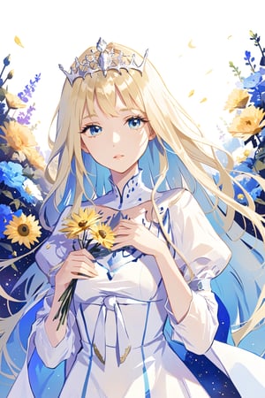 solo, looking at viewer, , 1girl, ,  upper body, flower, female focus, , parted lips, , gradient hair, holding flower,,Calca, , Calca Bessarez, blonde hair, extremely long hair, very long hair, white tiara, white dress, blue eyes, medium chest