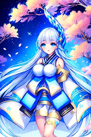 ((masterpiece: 1.2)), beautiful and aesthetic girl, extreme detailed, highest detailed image, ((detailed eyes)), ((light particles)), cherry blossom, cherry blossoms., Illustration,Yuki Onna, 1girl, solo, Japanese kimono, bare shoulder, light blue hair, extremely long hair, blue eyes, hair ornament, blue ribbon, blue earring, medium breasts