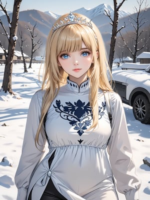 //Quality,
photo r3al, detailmaster2, masterpiece, photorealistic, 8k, 8k UHD, best quality, ultra realistic, ultra detailed, hyperdetailed photography, real photo
 cowboy_shot, looking_at_viewer
outdoors, winter, snow, 1girl, solo, Calca, Calca Bessarez, blonde hair, (extremely long hair:1.3), very long hair, white tiara, white dress, blue eyes, medium chest,blunt bangs