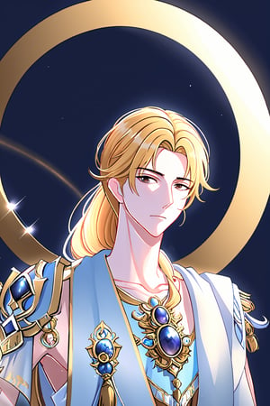 The background of the picture is a luxurious ancient city. Detailed eyes, detailed image, and a proportional and beautiful body. It's nighttime. upper body,Hyouka,1male,solo,blonde hair,brown eyes,one-sided braid,very long braided hair,one shoulder armor, handsome man, 25 years old, serious face