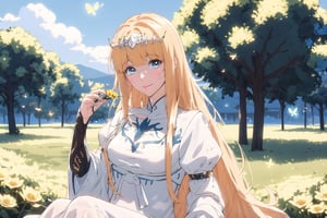 1girl, solo, looking at viewer, smile, ,, sitting, very long hair, closed mouth, , flower, , outdoors, sky, day,, cloud, , , , tree, blue sky, , nature, , yellow flower, Calca, Calca Bessarez, blonde hair, (extremely long hair:1.3), very long hair, white tiara, white dress, blue eyes, medium chest,1 girl,portrait,glitter,Chromaspots,lofi artstyle,tshee00d,vector style,firefliesfireflies,Chinese style