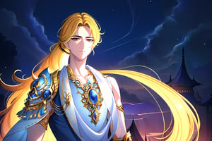 The background of the picture is a luxurious ancient city. Detailed eyes, detailed image, and a proportional and beautiful body. It's nighttime. upper body,Hyouka,1male,solo,blonde hair,brown eyes,one-sided braid,very long hair,one shoulder armor, handsome man, 25 years old, serious face