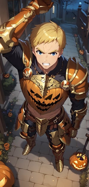 Climb, score_9, score_8_up, score_7_up,, masterpiece, best quality, best aesthetic, 1boy, ((solo)), male focus, blonde hair, blue eyes, short-hair, Halloween armor, orange gauntlets, pumpkins shoulder armor, Spooky breastplate, orange armored boots, d, clenched fists, arm up, outdoors,  from above,  (Halloween party:1.4), (Halloween decoration:1.4),