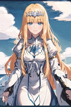 masterpiece, best quality, 1girl, ,solo , looking at viewer, confused look, , , blue sky, cloud trail, Calca, Calca Bessarez, blonde hair, extremely long hair, very long hair, white tiara, silver tiara, white dress, blue eyes, medium chest