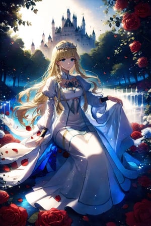 1girl, solo, , flower, female focus, , petals, rose, red flower, red rose,, rose petals, , Calca, calca, blonde hair, long hair, medium chest, extremely long hair, very long hair, extra long hair, white tiara, white dress, blue eyes,Calca Bessarez, blunt bang