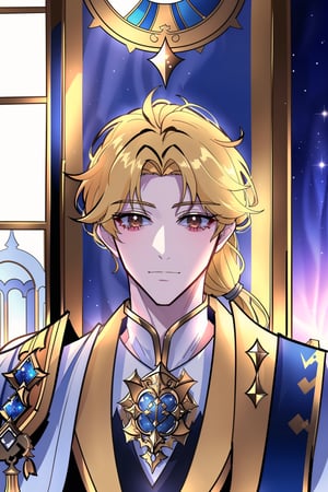 (masterpiece, best quality, highres:1.3), (handsome male, glowing eyes,)  solo, looking at viewer, upper body, male focus,, 1male, blonde hair, brown eyes, one-sided braid, long hair, armor,Hyouka, in luxurious room, throne room, stained glass, perfect light