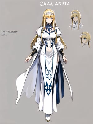 //Quality,
masterpiece, best quality
,//Character,
1girl, solo
,//Fashion,
,//Others,
Calca, blonde hair, long hair, white tiara, white dress, blue eyes, character sheet, mono color background, full body