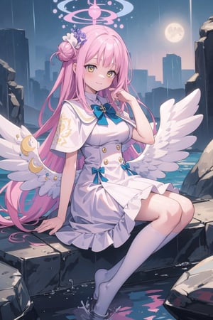 vibrant colors, 1angel, masterpiece, sharp focus, best quality, depth of field, cinematic lighting, ((solo, one woman )), (illustration, 8k CG, extremely detailed), masterpiece, ultra-detailed,  pink hair, long hair,  , yellow eyes, medium breast, sleepy smile, ,  background (flings rocks, rain from sky, blu moon, moon light),, ,mikadef, low angel wings