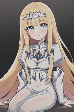   looking at viewer,  blush,  smile,  bangs, sitting,  blunt bangs,  gradient  gradient background,  :3,  1girl, solo, Calca, Calca Bessarez, blonde hair, (extremely long hair:1.5), very long hair, (white tiara:1.3), white dress, blue eyes, medium chest