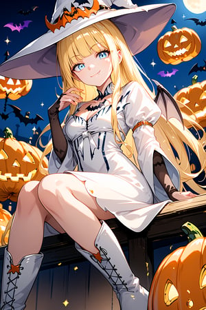 score_9, score_8_up, score_7_up, 1girl,, halloween dress, bat wings, multiple bat, white bat ears, white boots, floating, sitting on pumpkin, from below, looking at viewer, smug, closed mouth, outdoors, night, fangs, glitter eyes, (Halloween party:1.4), (Halloween decoration:1.4),Calca,Calca Bessarez,blonde hair,(extremely long hair:1.3), orange tiara,white witch dress, light blue eyes,medium chest,blunt bangs